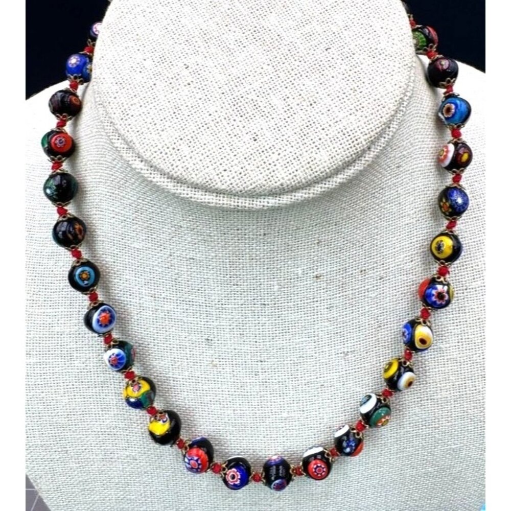 Vintage Venetian Millefiori Italian Art Glass Beaded Necklace 3/8" Beads Hand Kn